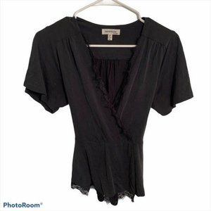 Monteau Black Peplum Wrap Lace Short Sleeve Top